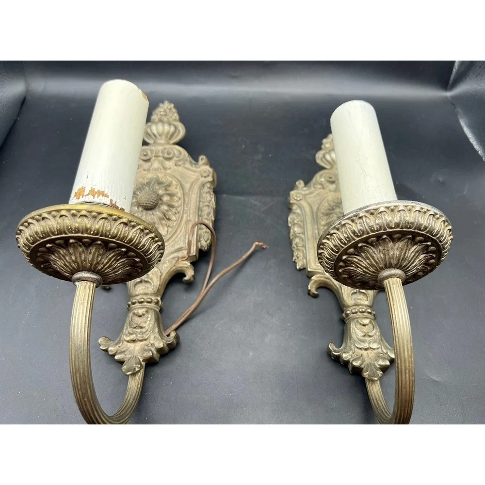 Pair Antique Cast Brass/Bronze (?) Floral Electric Wall Sconce Lights Reclaimed